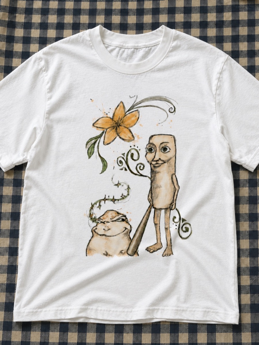 White Graphic T-Shirt with Whimsical Characters and Orange Flower